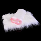 White fluffy dual-hole fleshlight with pink inner insert, side view