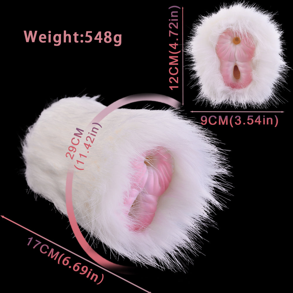 White furry dual-hole fleshlight with pink openings; size markings shown