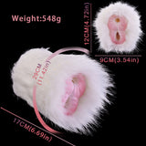 White furry dual-hole fleshlight with pink openings; size markings shown