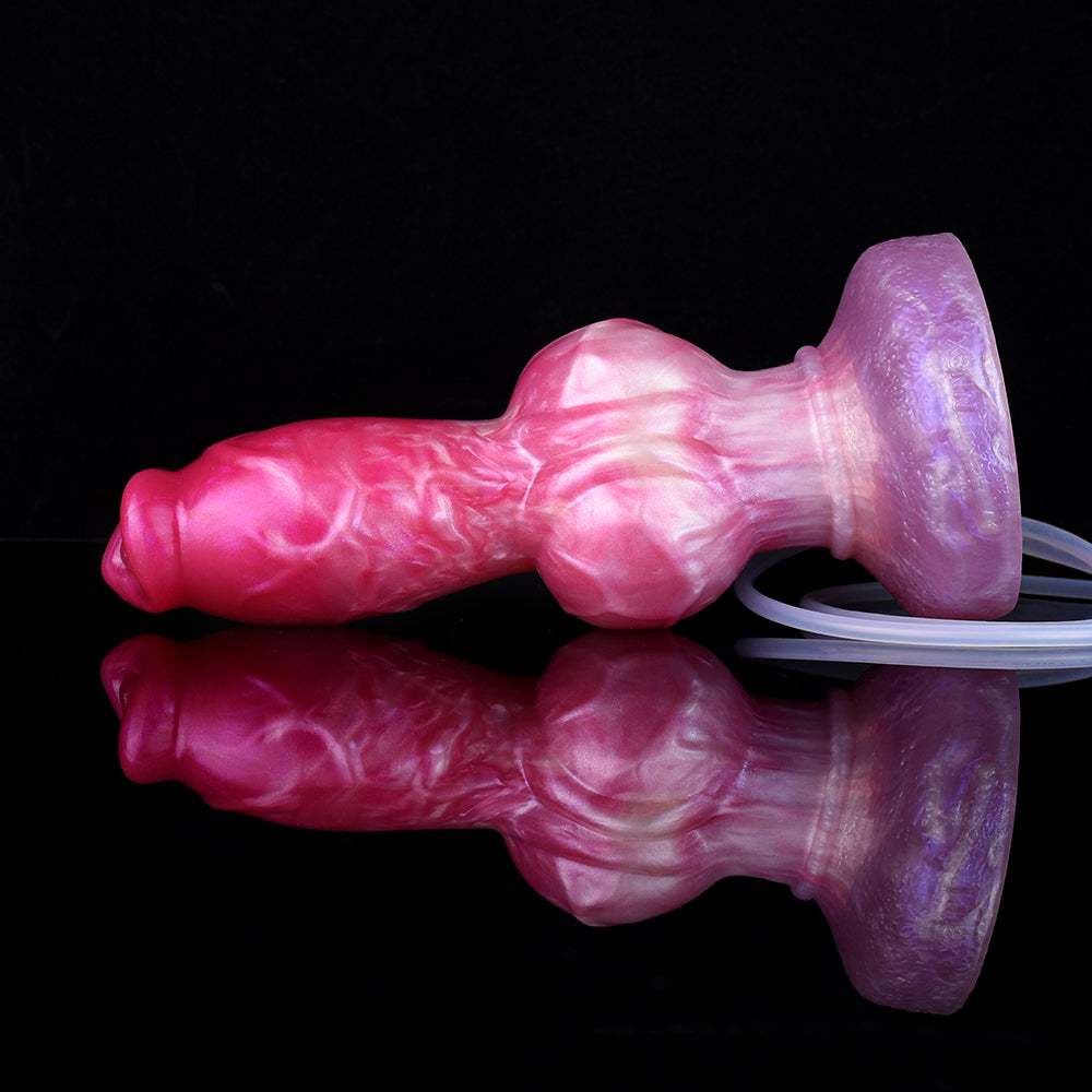 Pink dog-shaped squirting dildo with purple base, side view