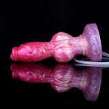 Pink dog-shaped squirting dildo with purple base, side view