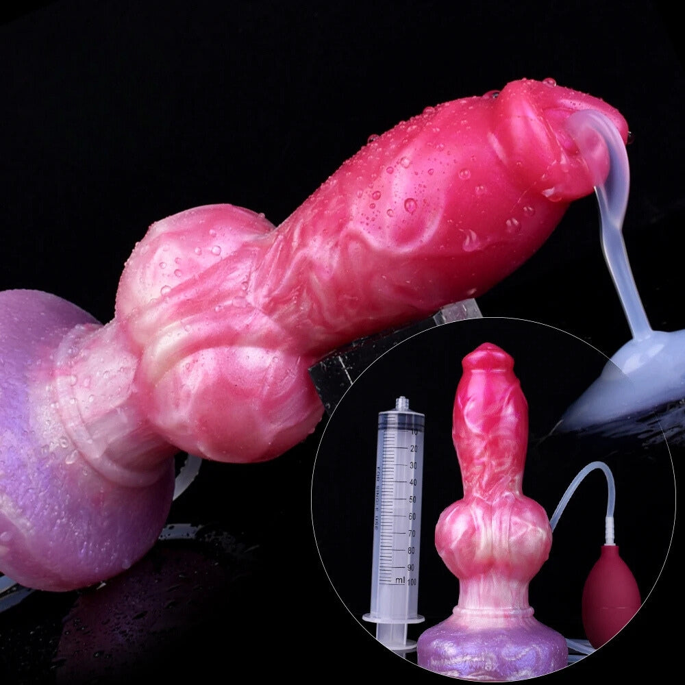 Pink dog-shaped squirting dildo, curved body with clear suction tube