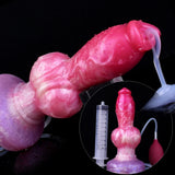 Pink dog-shaped squirting dildo, curved body with clear suction tube
