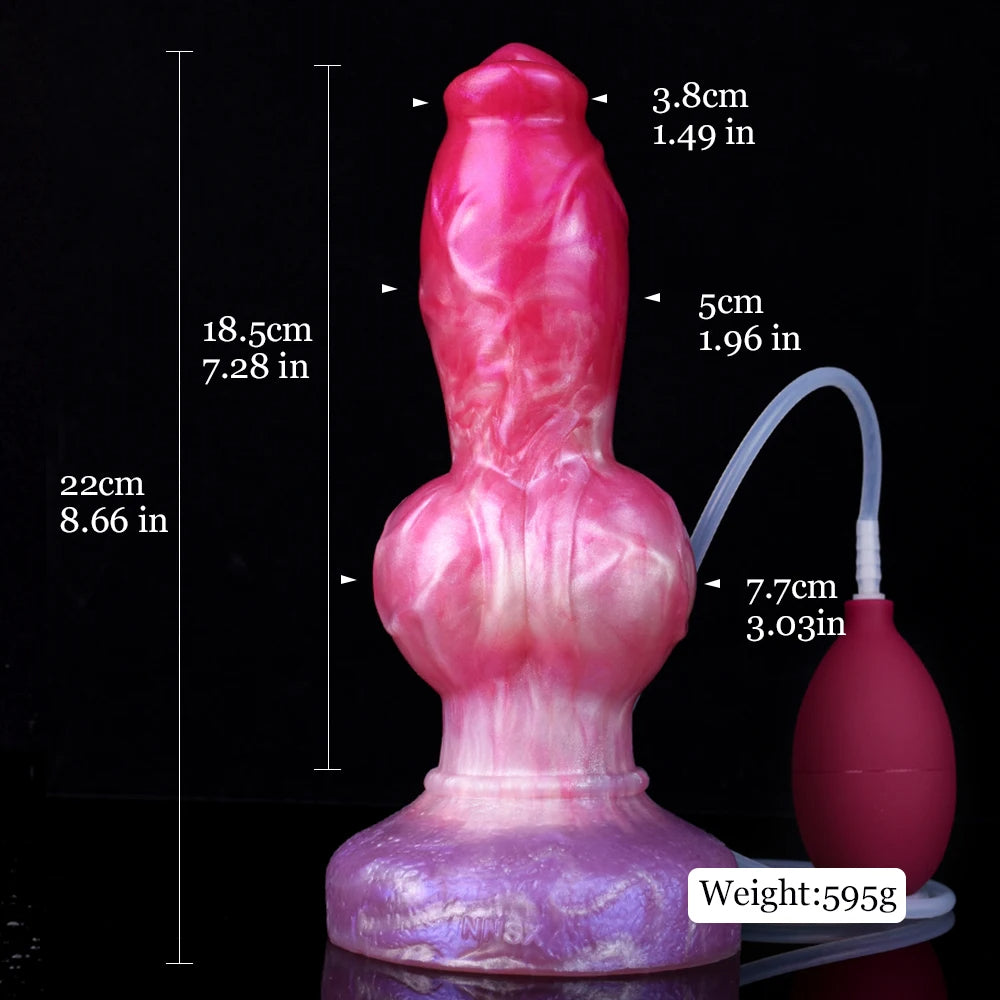 Pink dog-shaped squirting dildo size chart, with attached pump bulb and tubing