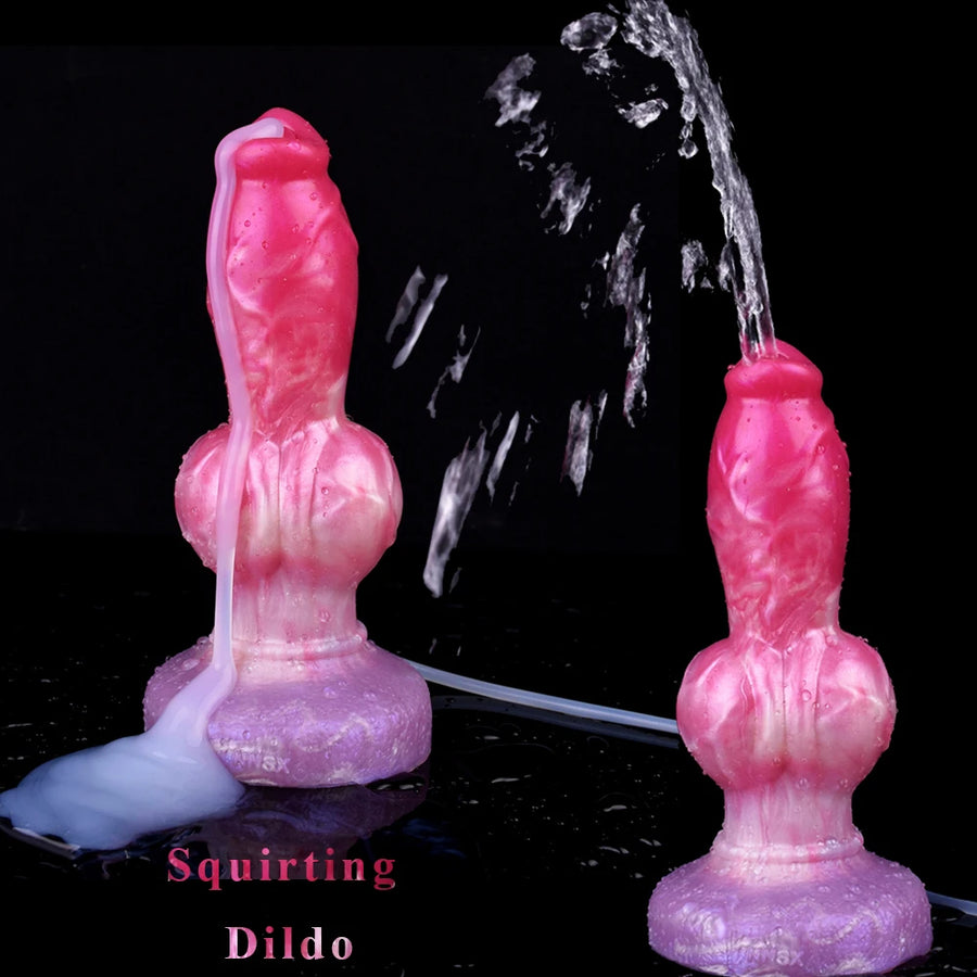 Realistic dog-themed squirting dildo spraying water with attached clear tube