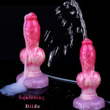 Pink dog-shaped squirting dildo with tubing, splashing stream effect