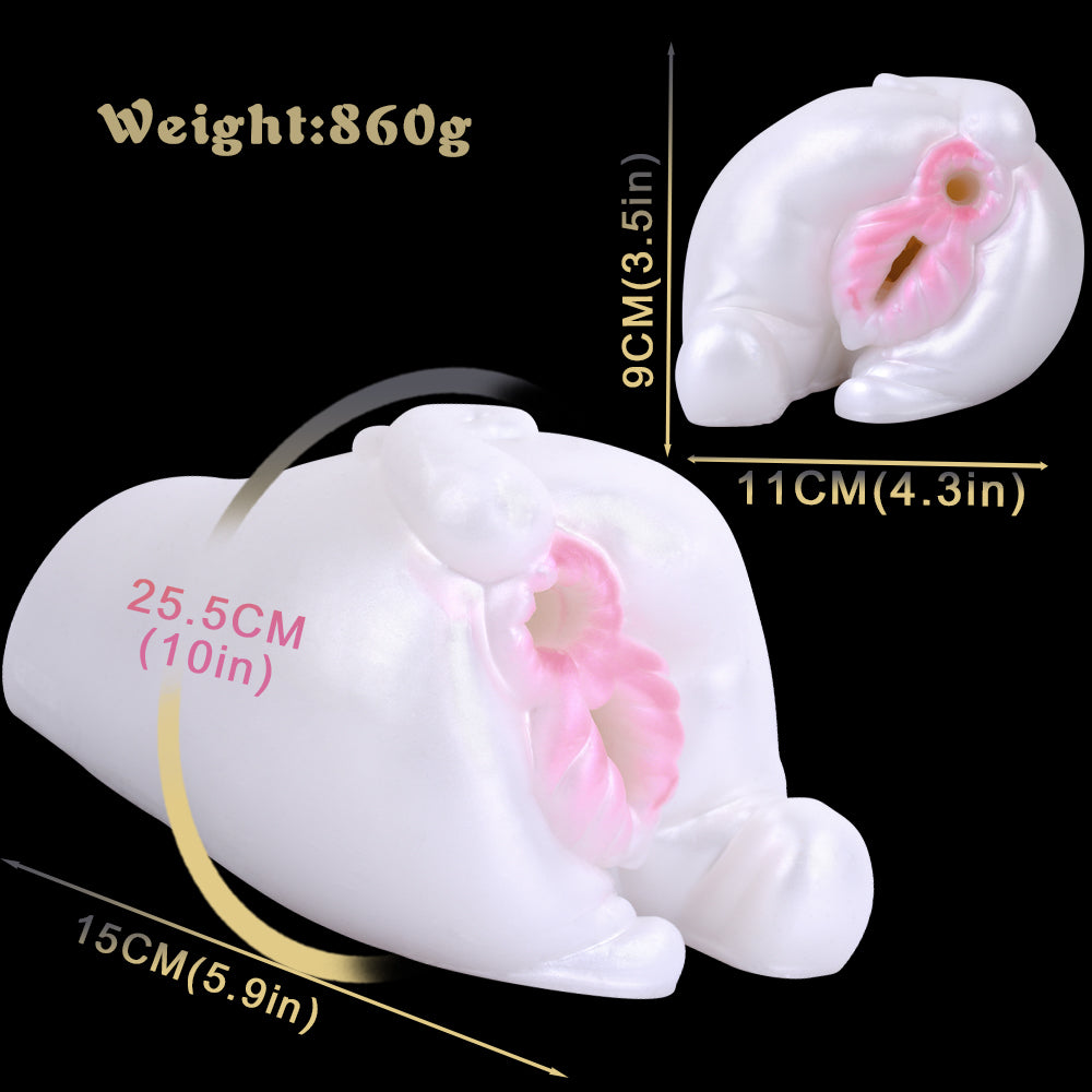 White rabbit-style dual-hole masturbator with pink insert and vibrating wand
