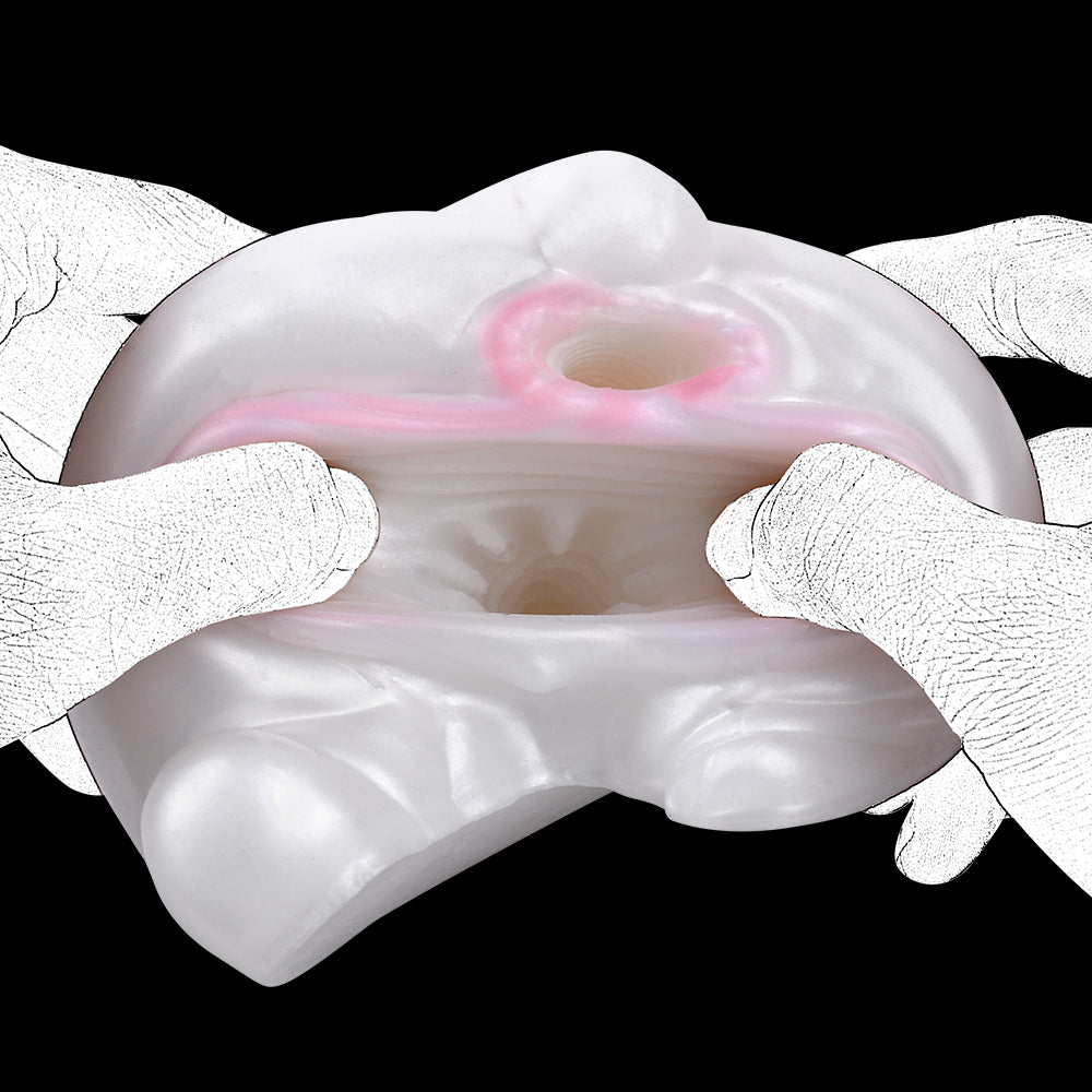Snow Hare dual-hole masturbator with vibration, open front with pink inner openings