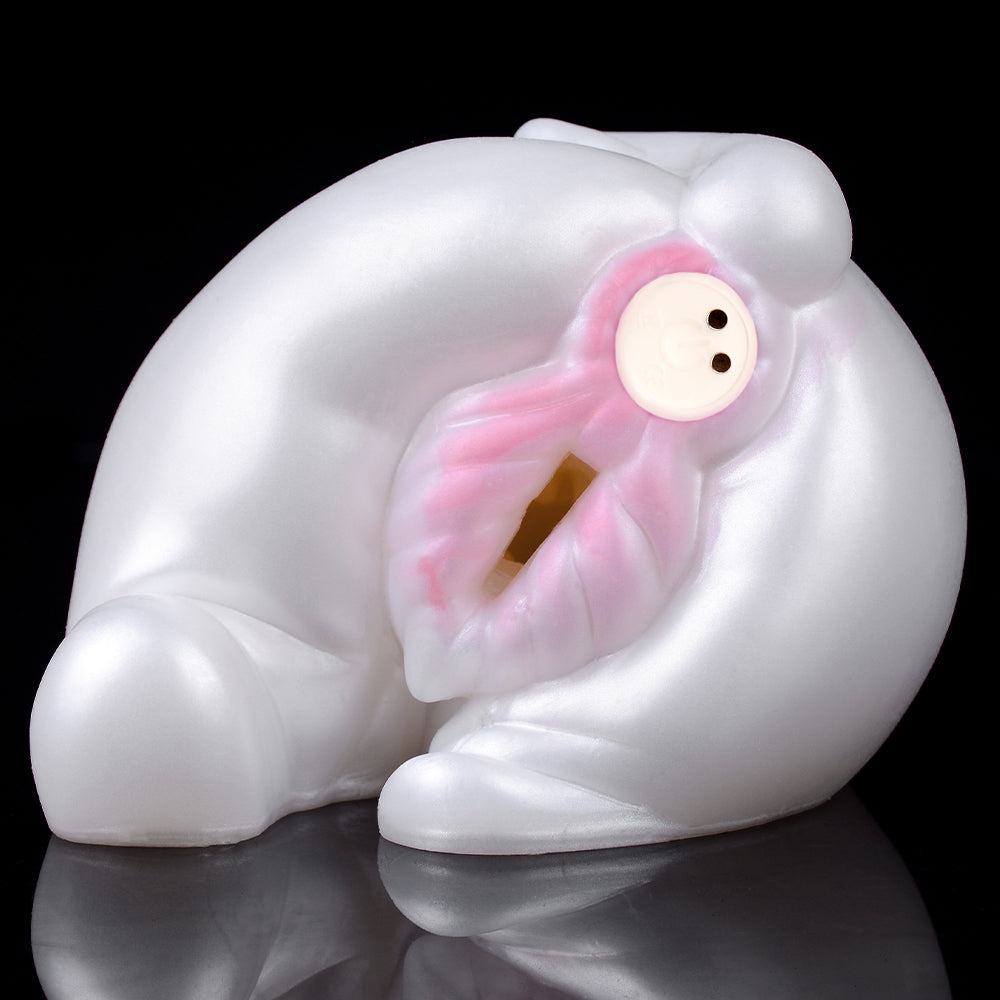 Rabbit-shaped dual-hole toy: pink inner channel with two-hole opening