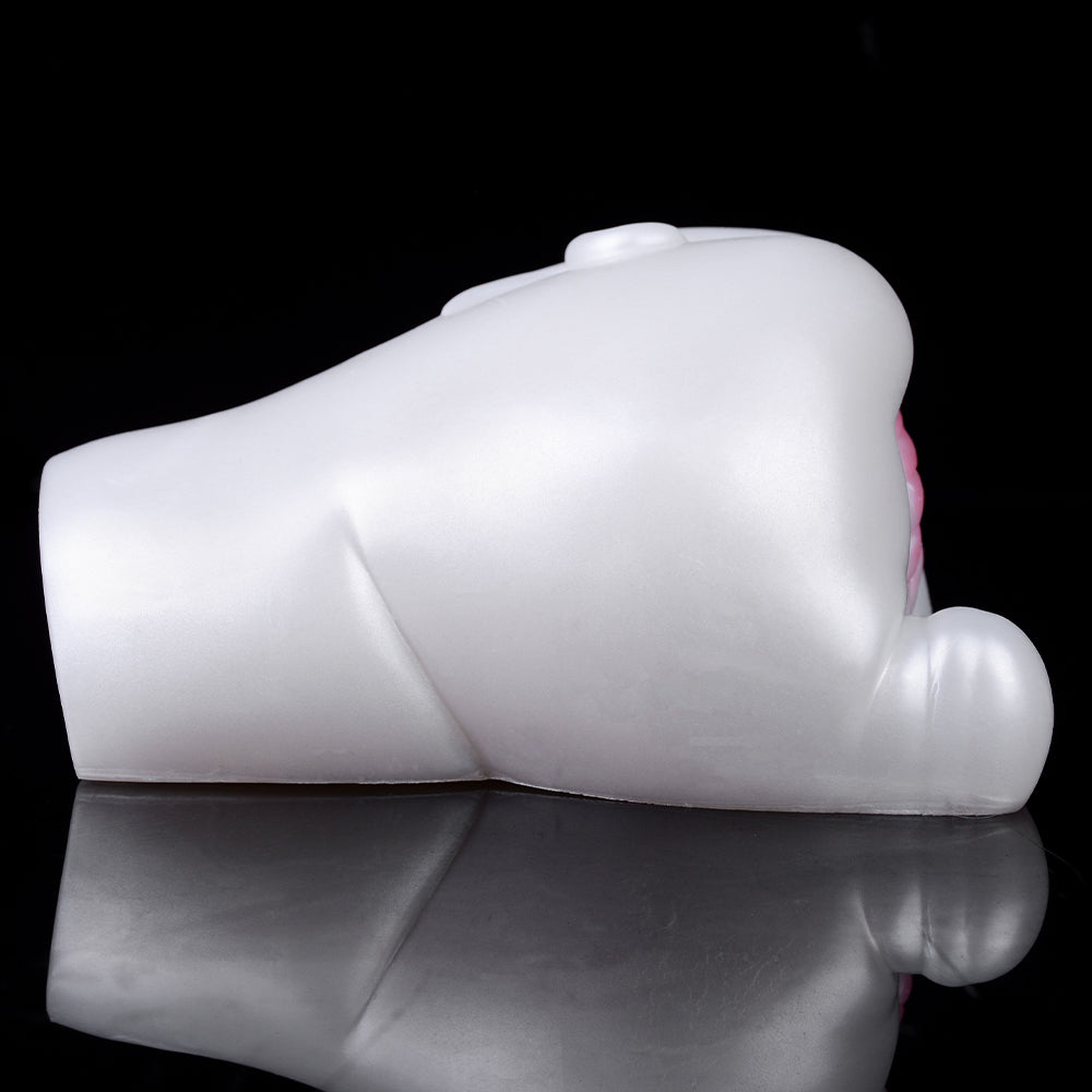 Snow Hare dual-hole animal masturbator, smooth white body side profile