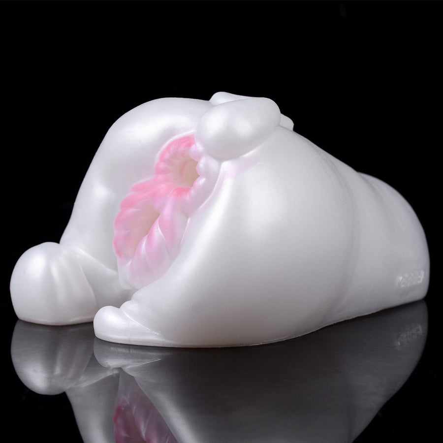 White rabbit-shaped dual-hole masturbator with pink internal channel, front angle