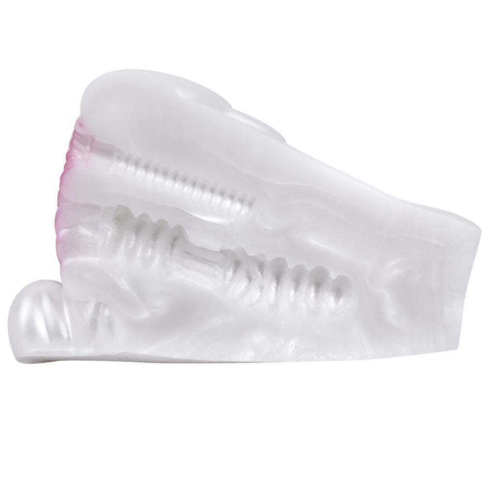 Snow Hare dual-hole masturbator, underside with ridged channel detail, white finish