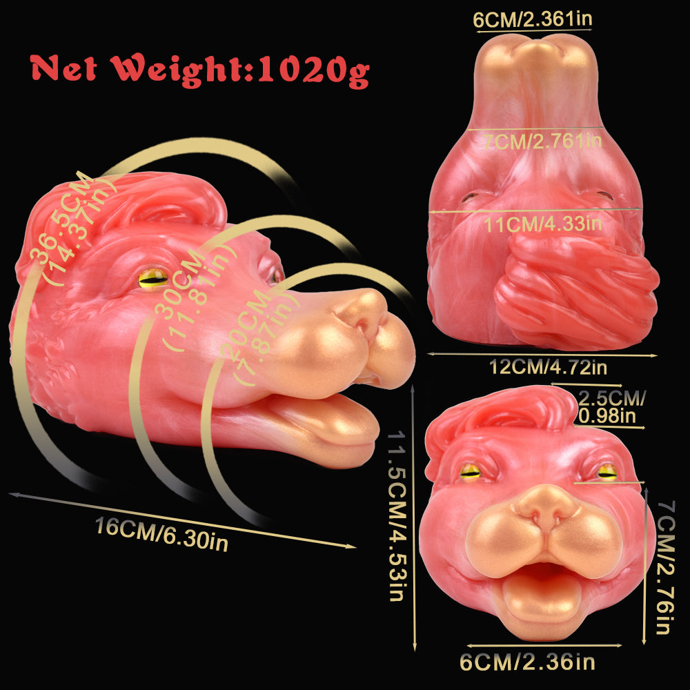 Spirit Fox creature fleshlight size diagram; pink/red product with dimensions