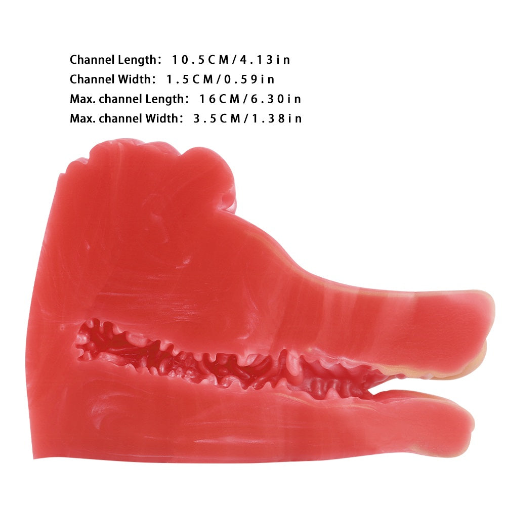Side view of pink/red creature fleshlight with ridged texture along underside