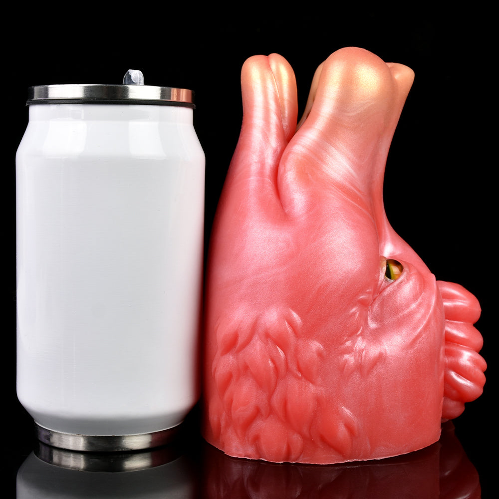 DirtyToyz pink/red creature fleshlite next to white container; side/back view