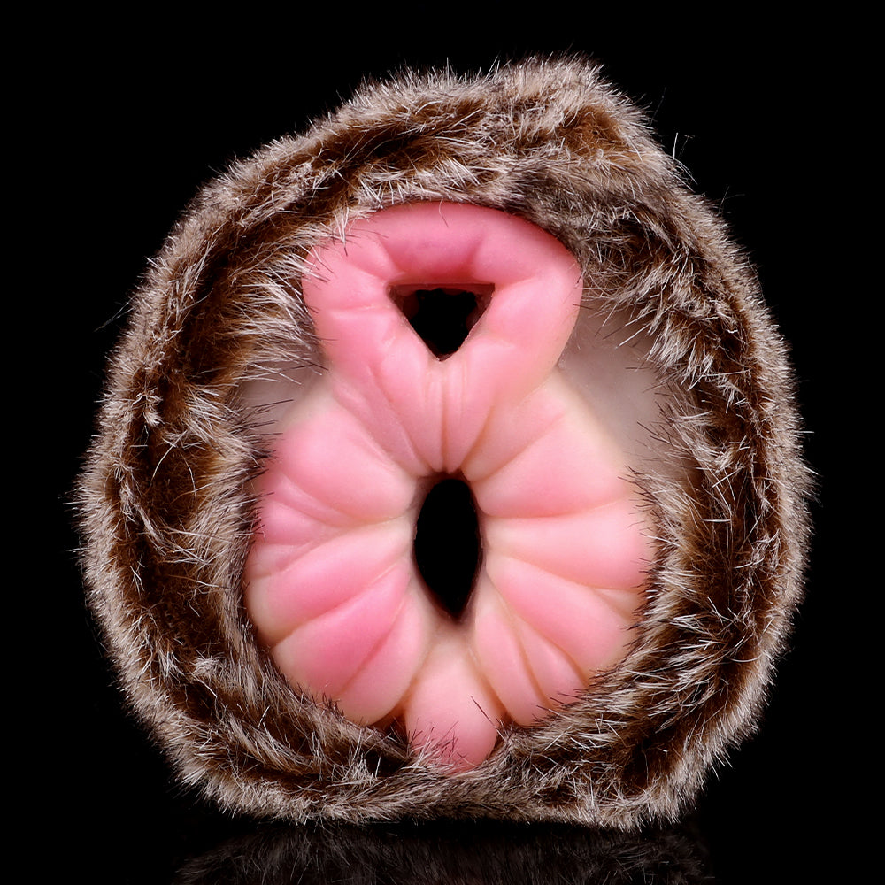 Furry dual-hole stroker head with two openings and pink inner texture