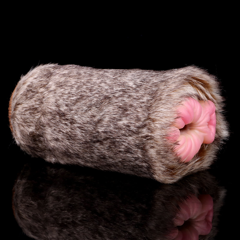 Gray-brown furry dual-hole stroker with pink insert on one opening