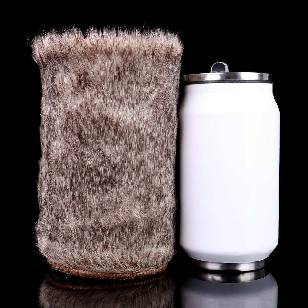 Brown-gray furry sleeve with stitched cuff over the stroker