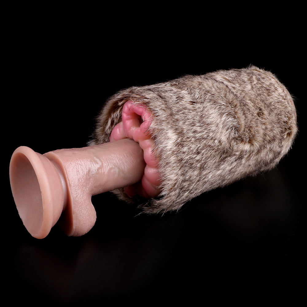 Brown-gray furry dual-hole stroker with one open end and pink insert