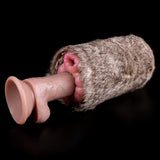 Brown-gray furry dual-hole stroker with one open end and pink insert