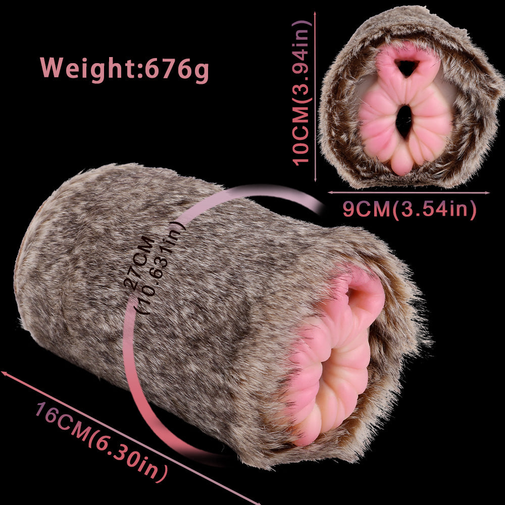 Furry dual-hole stroker with two end openings, pink inner channels
