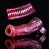 Metallic pink silicone horse cock sleeve, ridged pattern with open-ring end