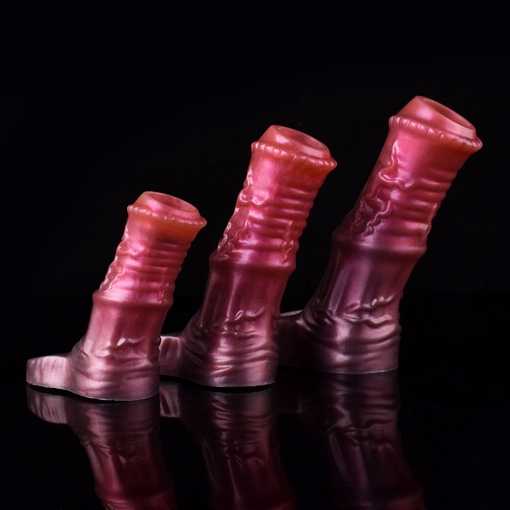 Metallic pink silicone horse cock sleeve set, ridged texture and open tip, three angles