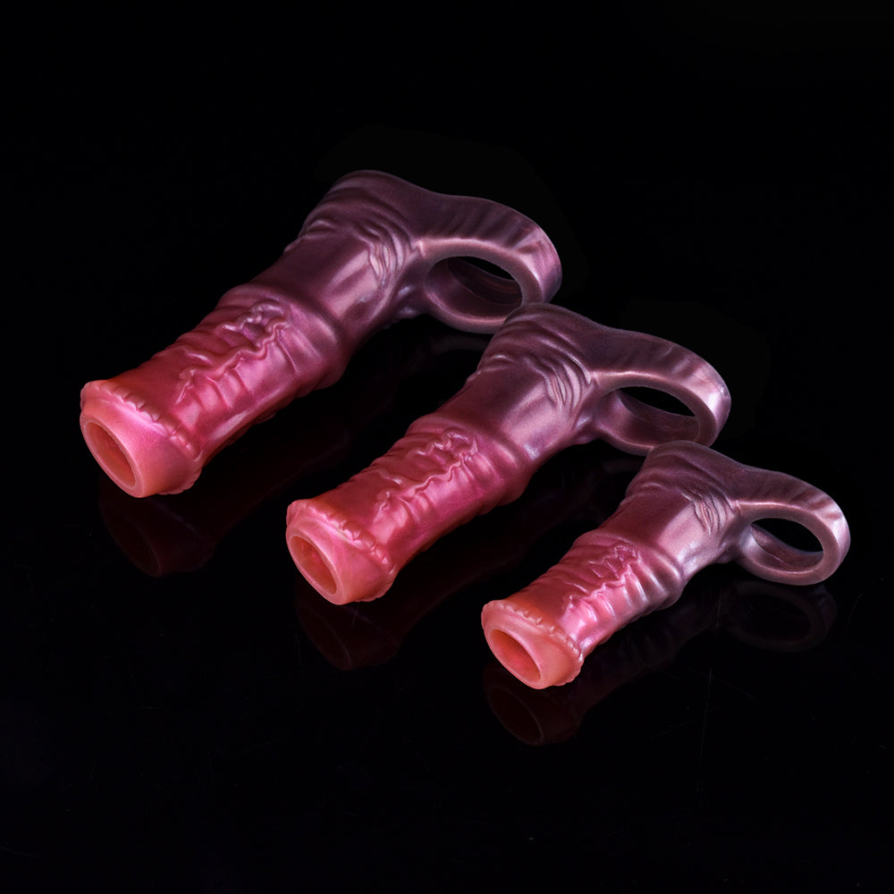 Metallic pink silicone horse cock sleeve, side view with open tip rings