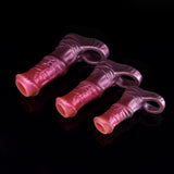 Metallic pink silicone horse cock sleeve, side view with open tip rings