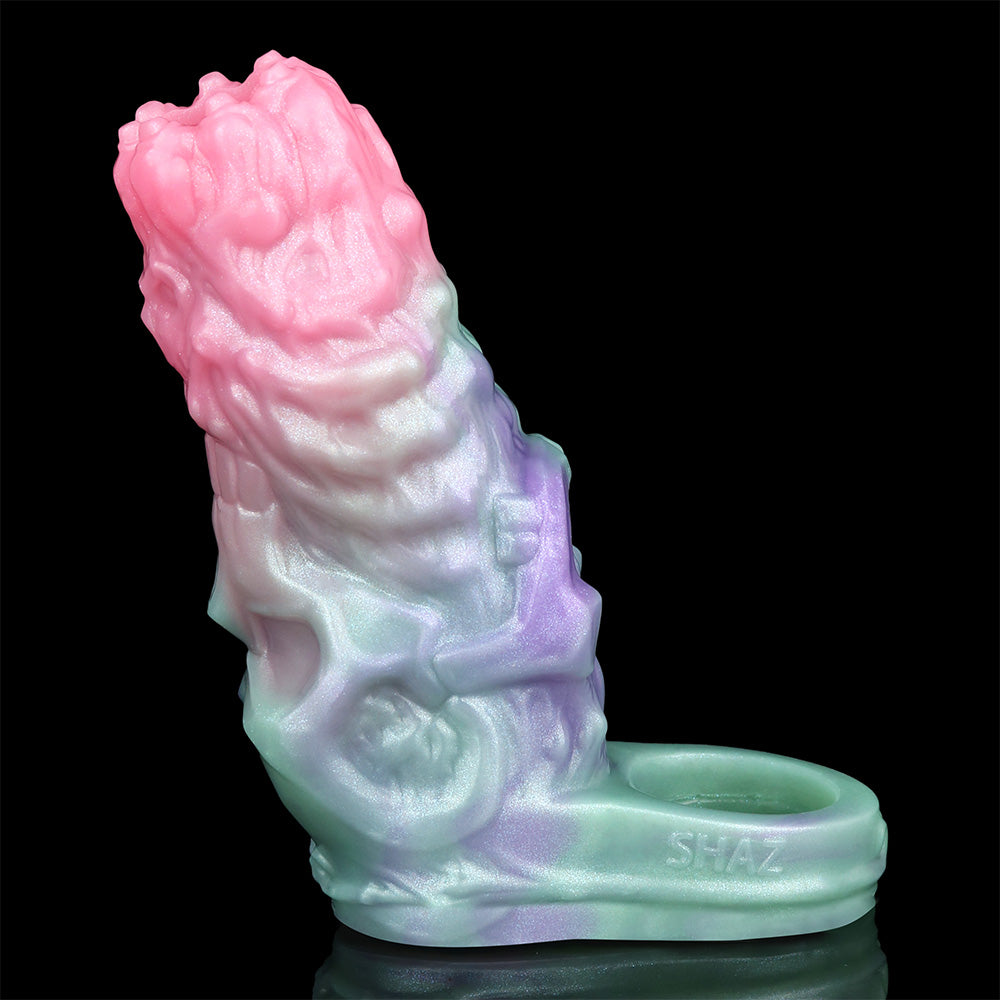 Cock sleeve extender close-up side view in pink, purple and mint with embossed base text