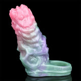 Cock sleeve extender close-up side view in pink, purple and mint with embossed base text