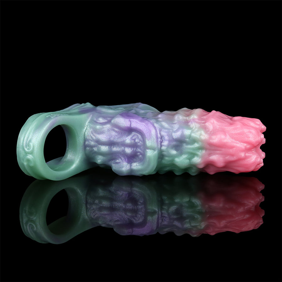 Penis sleeve extender with two circular open ends, mint, purple, and pink gradient