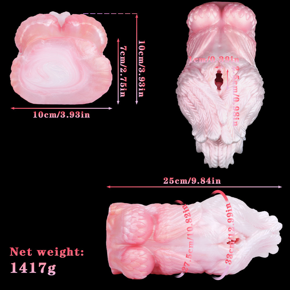 Squid-shaped fleshlight, pink and white, front and side views with inner opening