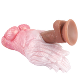 Squid-shaped fleshlight end view with open tunnel and ridged interior, pink/white