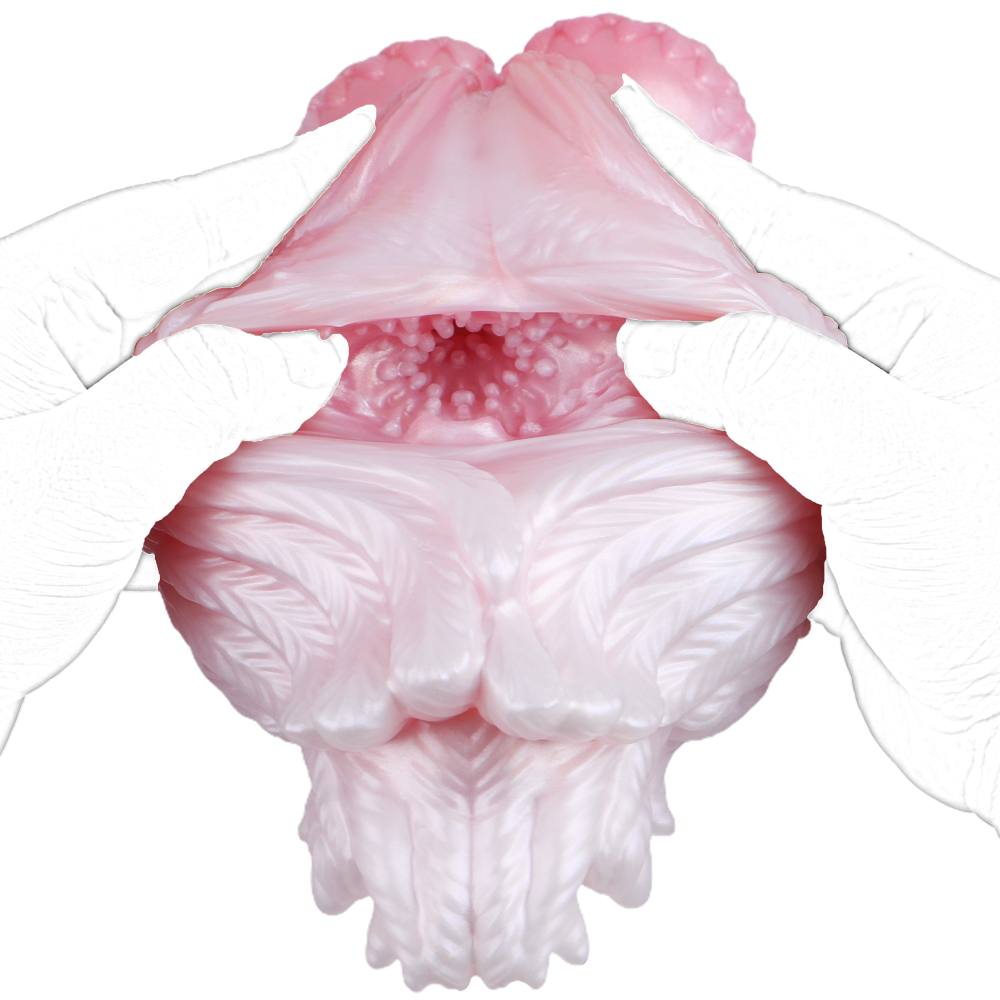 Squid Fleshlight: pink translucent opening with ridged texture, hands pulling apart