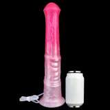 Rosa Pferde-Dildo stehend neben Messbecher; Zubehörkabel am Fuß