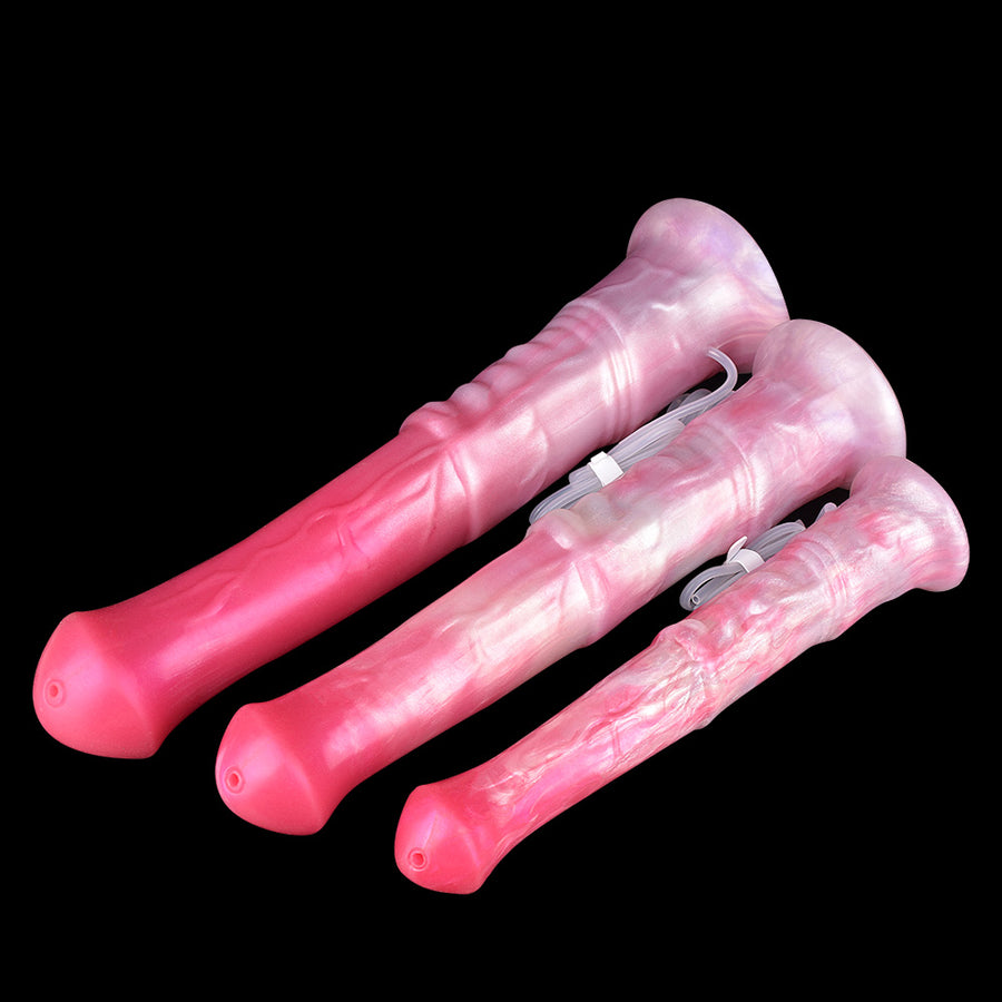 Two pink translucent horse-themed fantasy dildos with black base straps