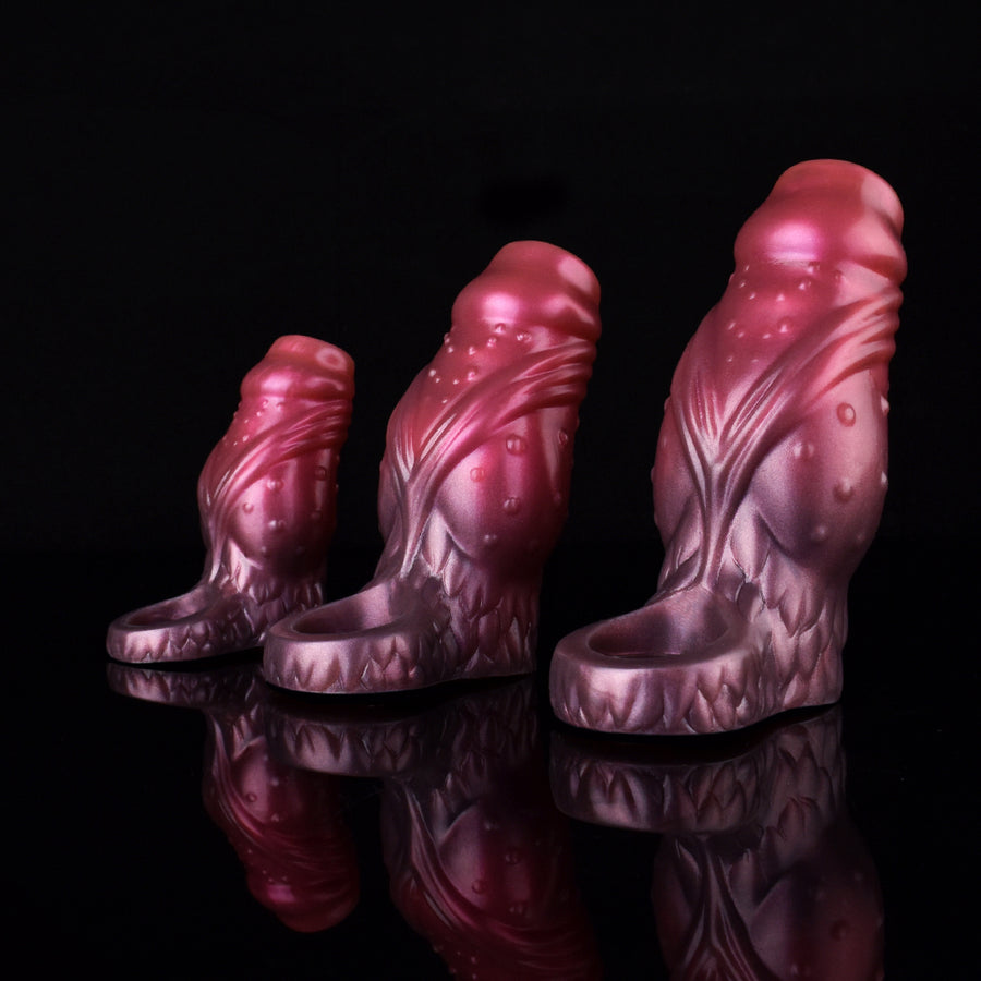 Three glossy magenta dragon-knot sleeve extenders with scale texture