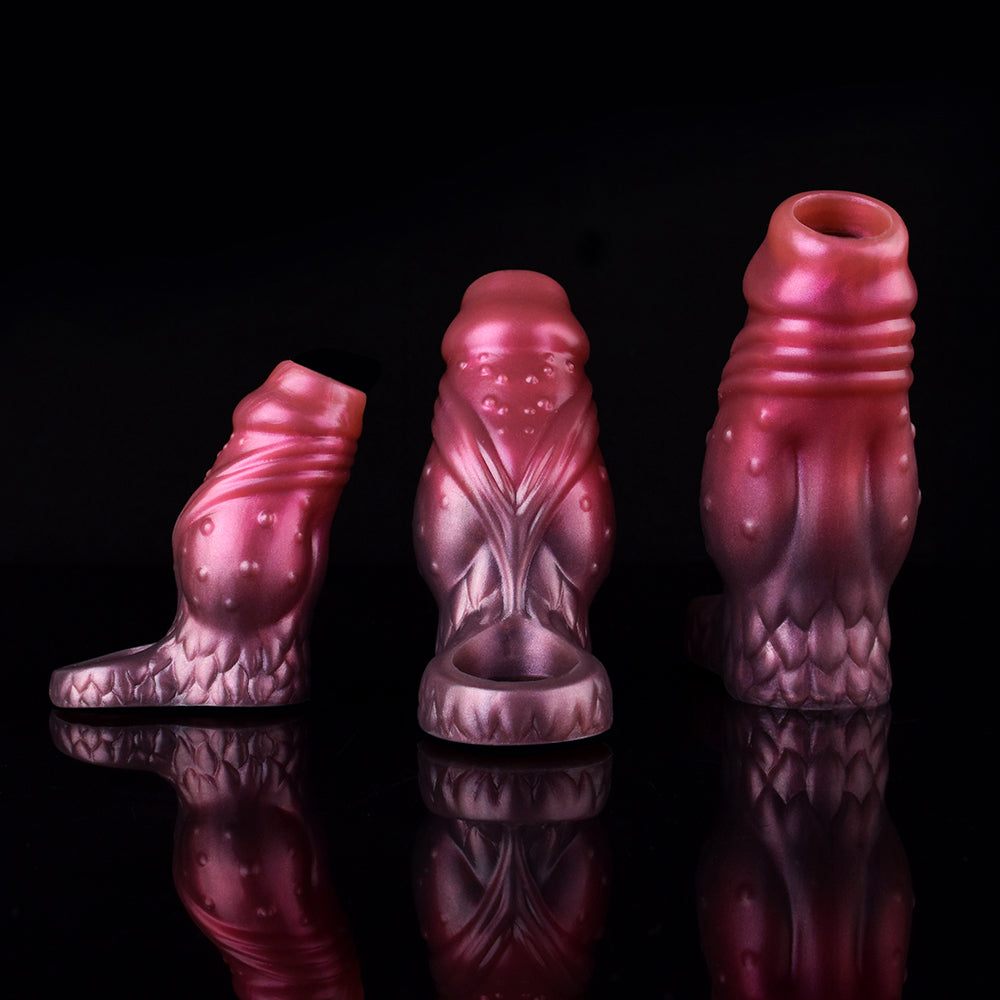 Dragon knot sleeve penis extenders, magenta metallic, three views with base ring