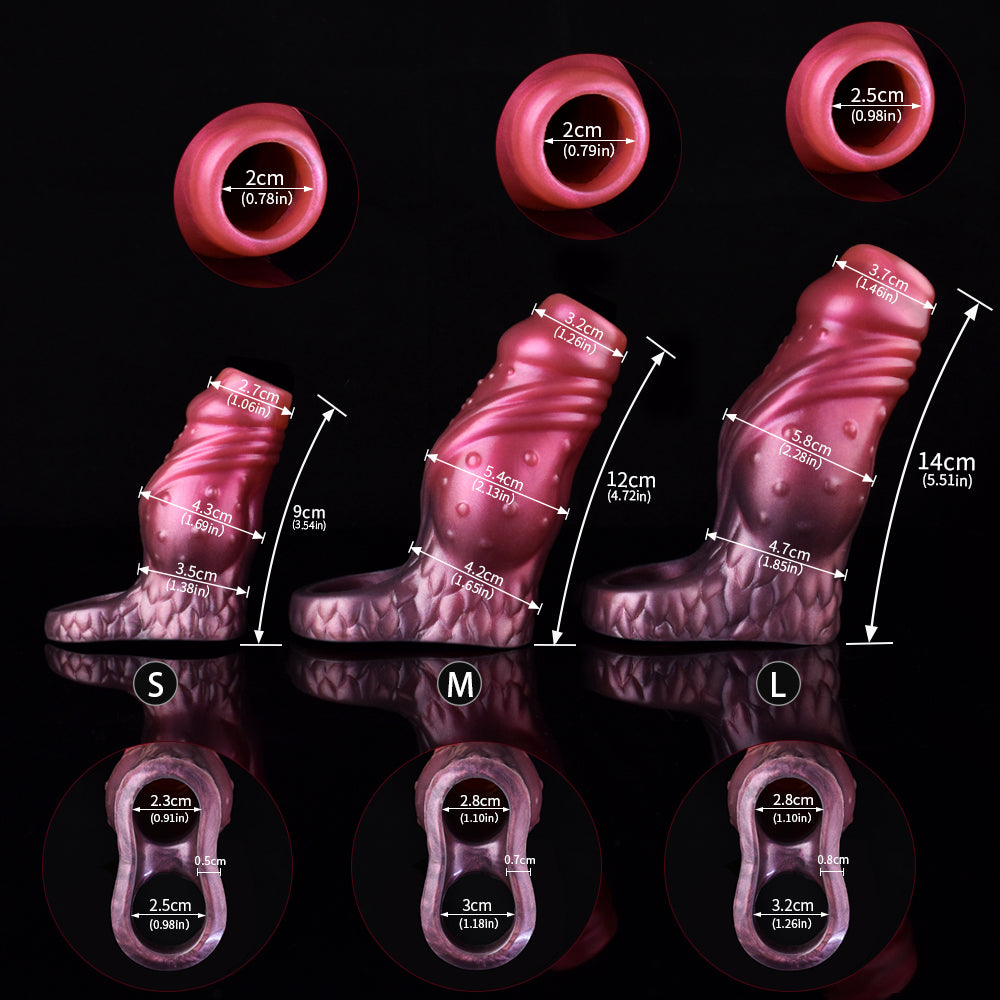 Size chart for dragon knot sleeve extenders: S, M, L dimensions in cm and in