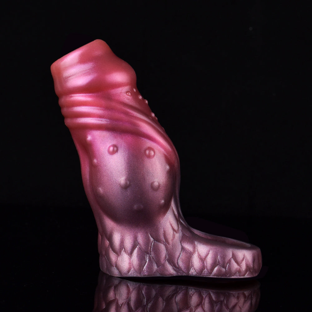 Pink ribbed dragon-knot sleeve extender, side view with scale-textured band