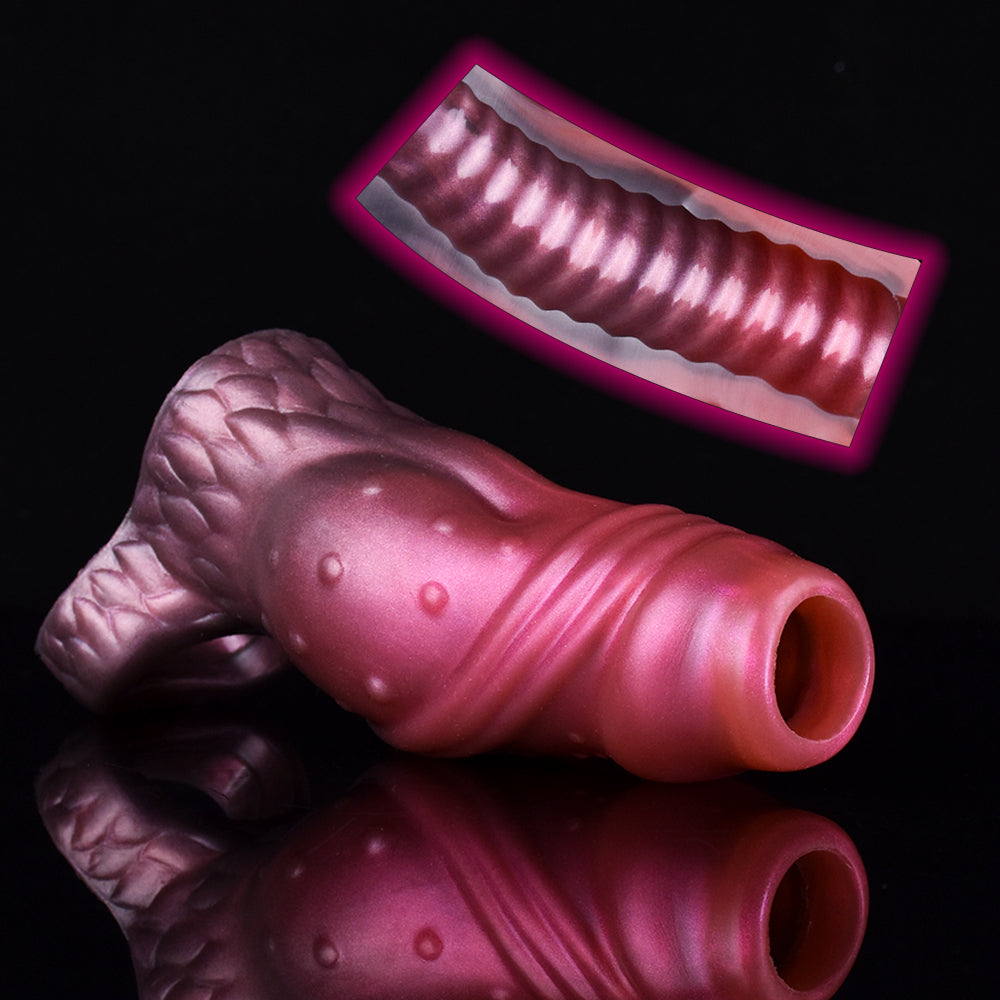 Close view of magenta dragon knot sleeve extender opening, ribbed dragon texture