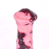 Close-up of horse-cock toy top opening in pink translucent finish