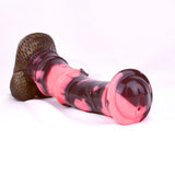 Side view horse-cock toy with brown textured base and pink translucent end opening