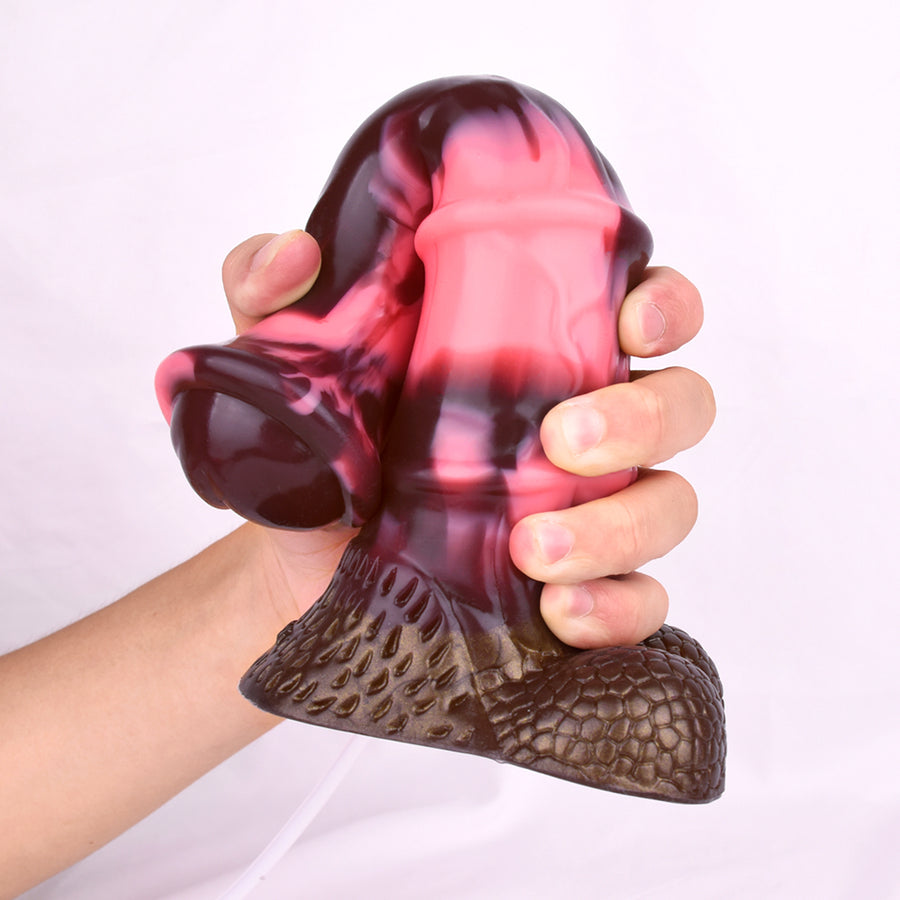Adult horse-themed sex toy held in hands, glossy pink-and-black marbled finish