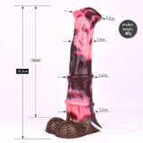 Horse-cock toy size diagram with measurements and brown base, pink translucent body