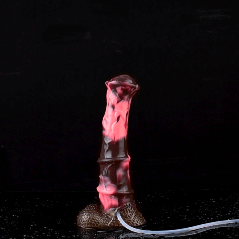 Horse-cock toy standing with pink stream, brown textured base and white hose