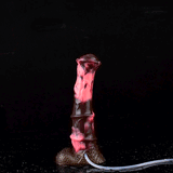 Horse-cock toy standing with pink stream, brown textured base and white hose
