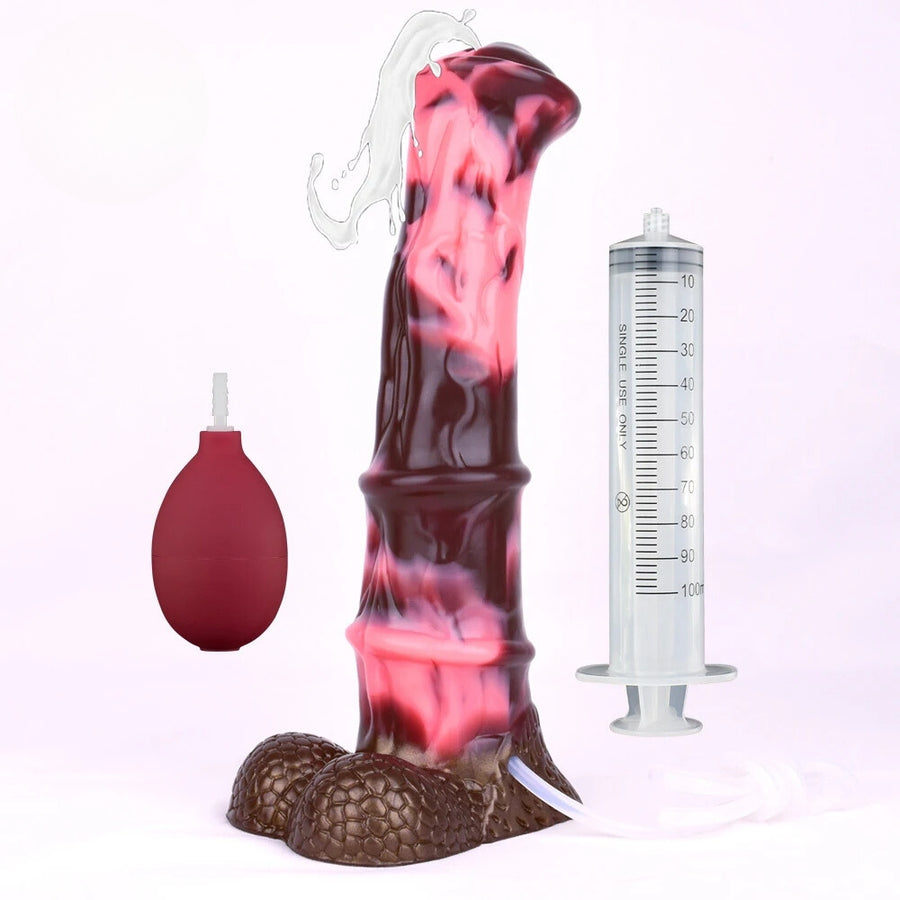 Adult horse-themed sex toy with pink-and-black insert, brown textured base, clear tube
