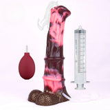Squirting horse-cock toy with brown textured base, pink translucent body, syringe